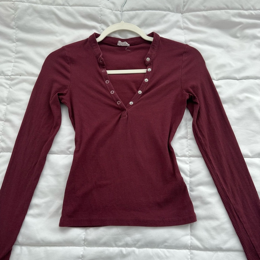 Cotton On Ribbed Long-Sleeve Henley Top - Burgundy